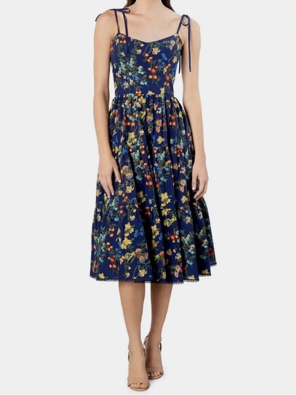 Dress the Population Dream Tiered Floral-Embroidered Dress Straps Navy XS